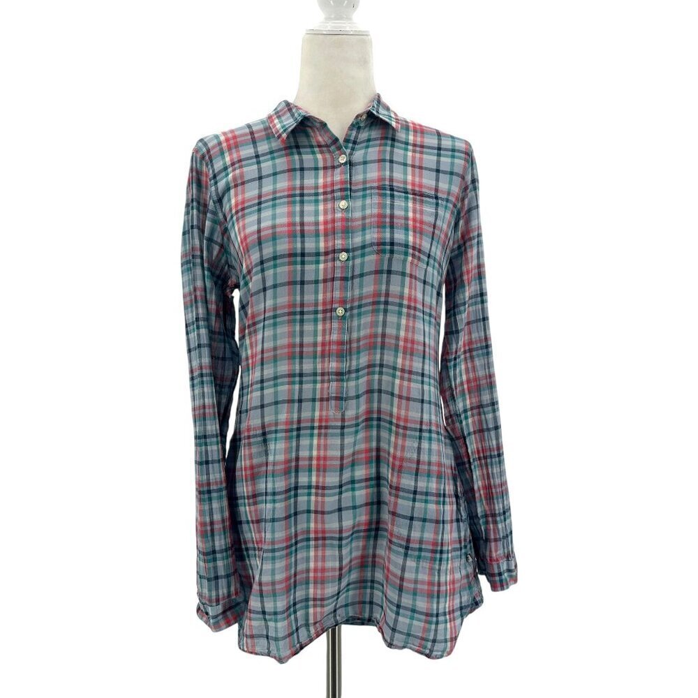 Toad&Co Womens Small Top Airbrush Tunic Organic Cotton Plaid Blue Pink Roll Tab